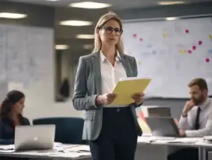 A woman manager looking thoughtful in an office, symbolizing being promoted without leadership training