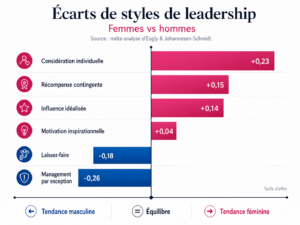 Graphique comparatif des styles de leadership au féminin et masculin selon les travaux d'Eagly (2001)